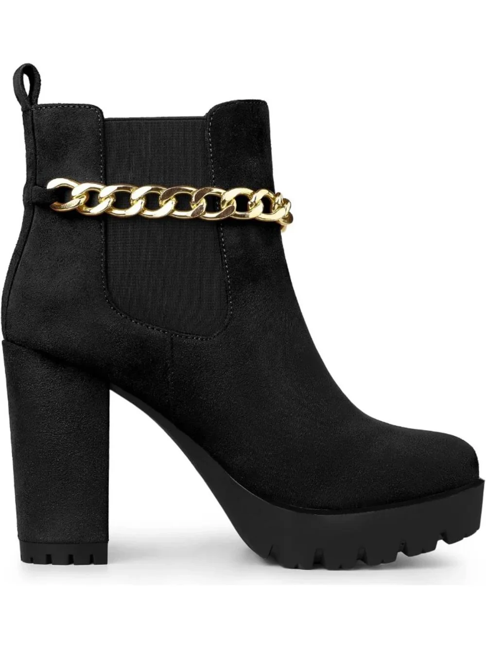 Stylish Chunky High Heel Chelsea Ankle Boots with Gold Chain Detail - Platform